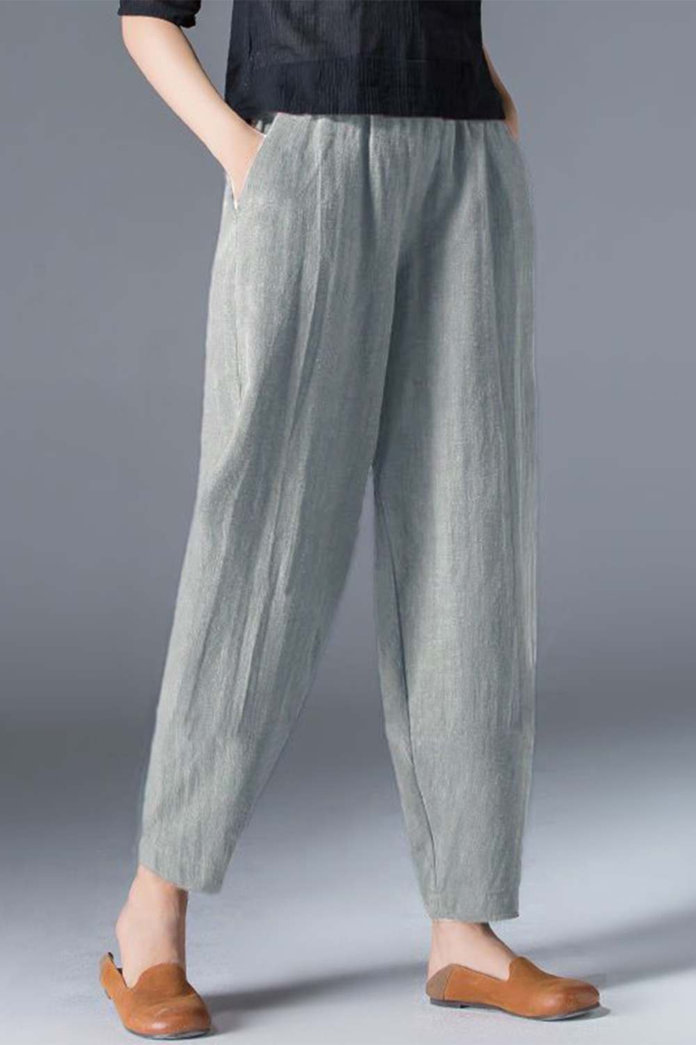 Plus Size Casual Burgundy Cotton And Linen Elastic Waist Pocket Harem Pants 2024 - Flycurvy 
