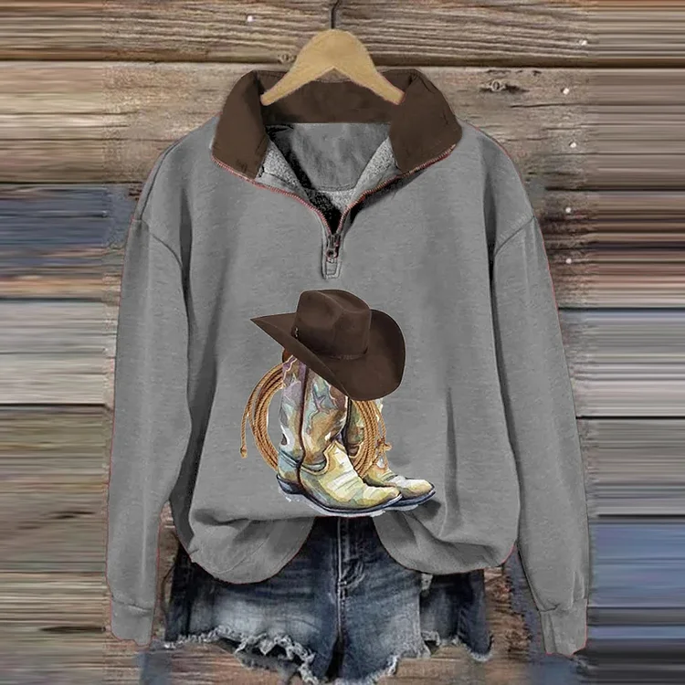 Women's Western Boots Print Zipper Collar Long Sleeve Sweatshirt