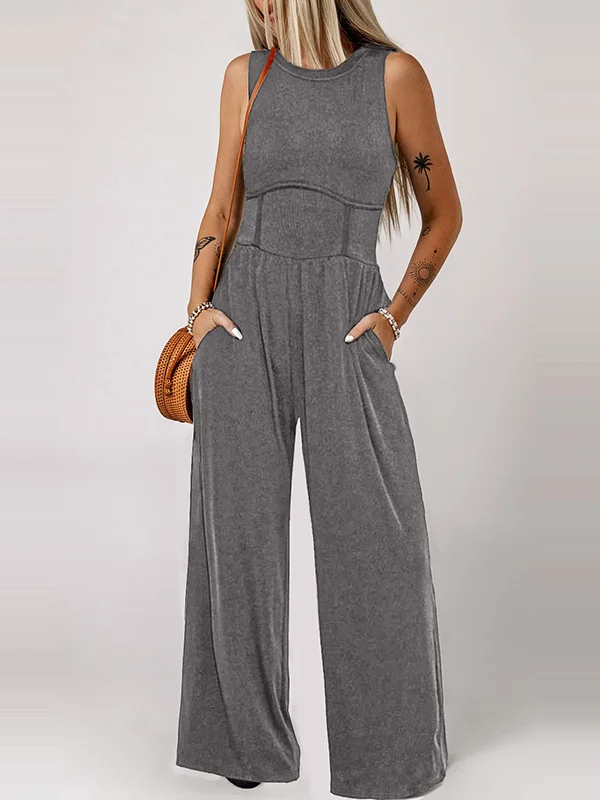 Pockets Solid Color High Waisted Loose Round-Neck Jumpsuits