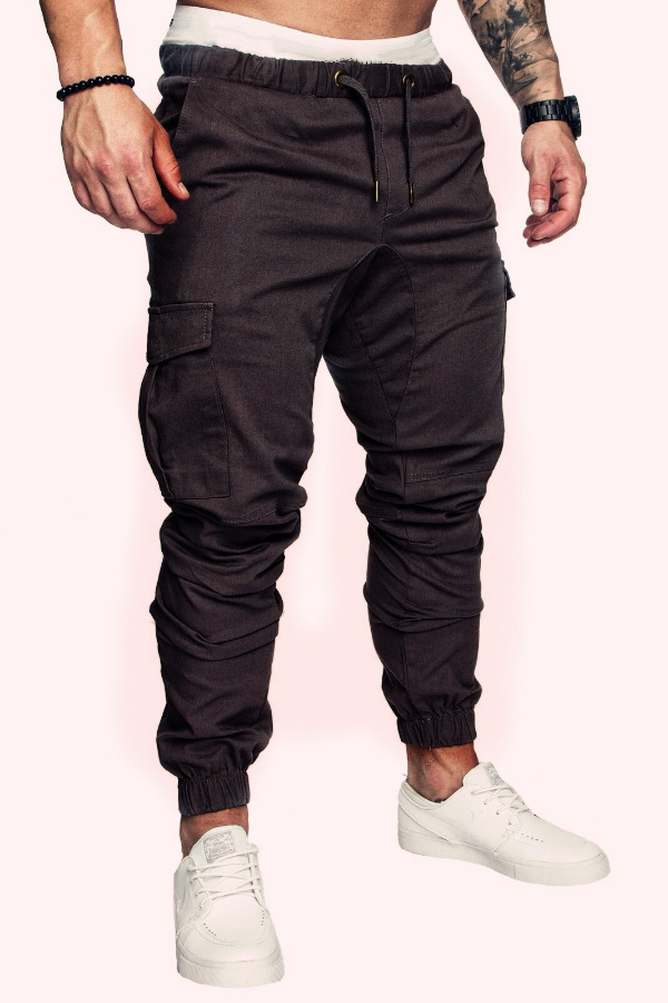 BrosWear Solid Color Drawstring Side Pocket Cargo Pants Iron gray