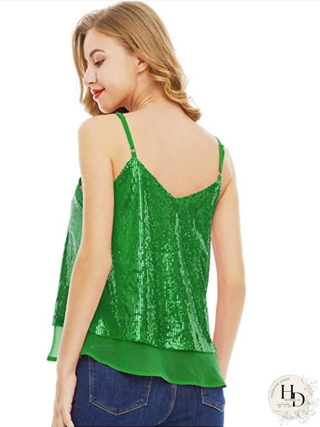 Camisole Tank Top Vest Black White Yellow Sparkly Sequins Layered Sleeveless Stage Streetwear Sexy V Neck Regular S for Women