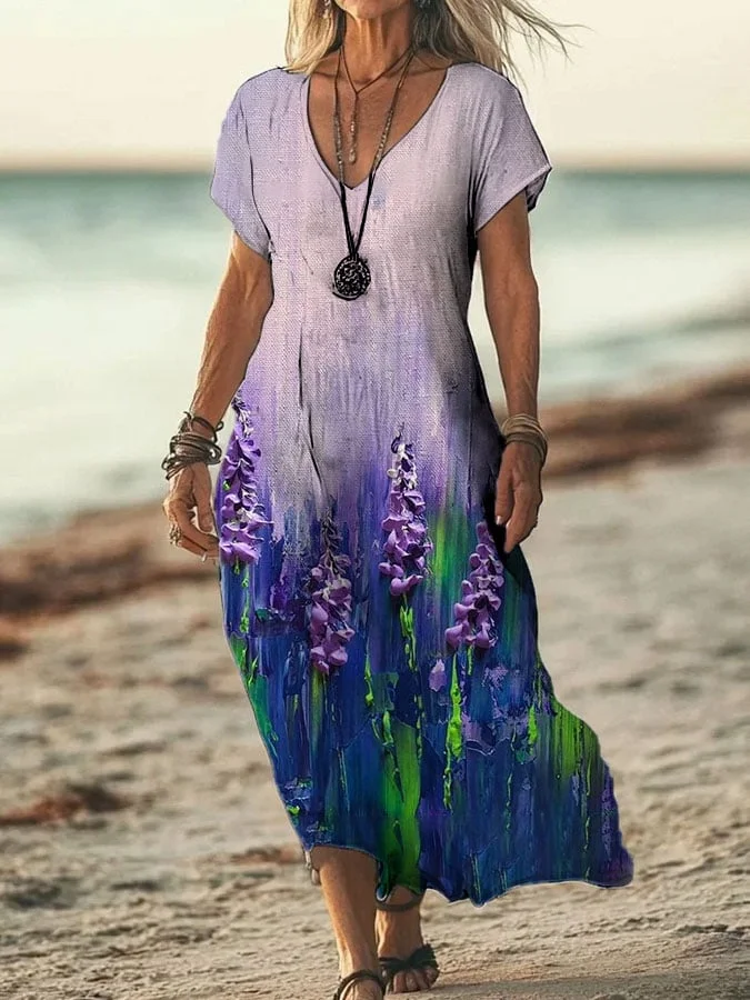 Woven Women's Alzheimer's Forget-Me-Not Floral Print Cotton and Linen Dress 