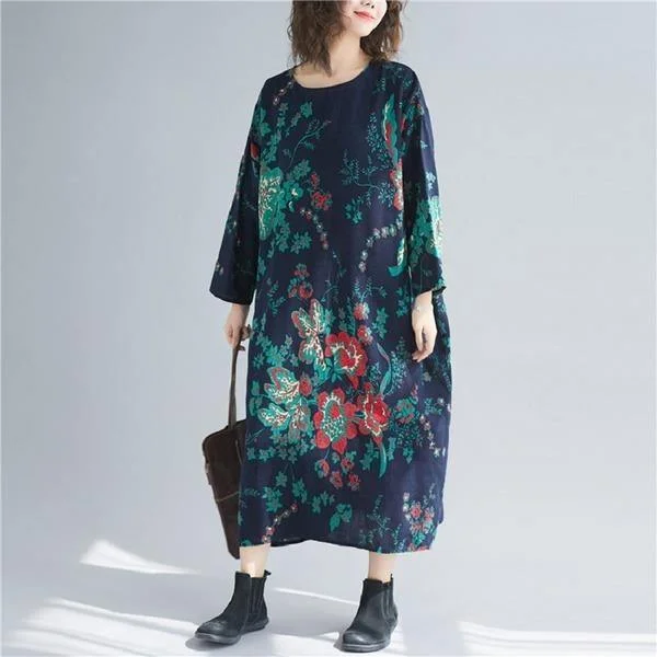 long sleeve cotton linen plus size Oversized vintage floral women casual loose autumn elegant dress clothes