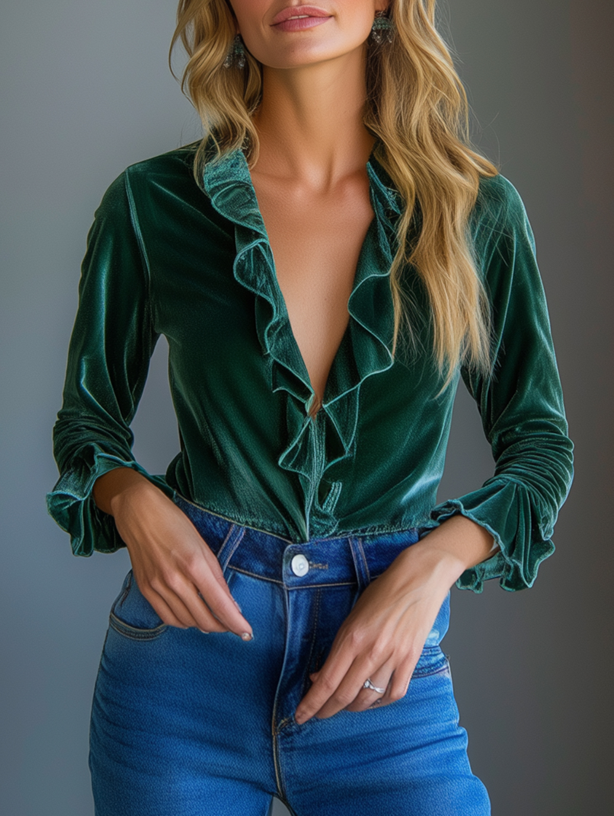 Ursime Ruffle Deep V Neck Long Sleeve Velvet Blouse