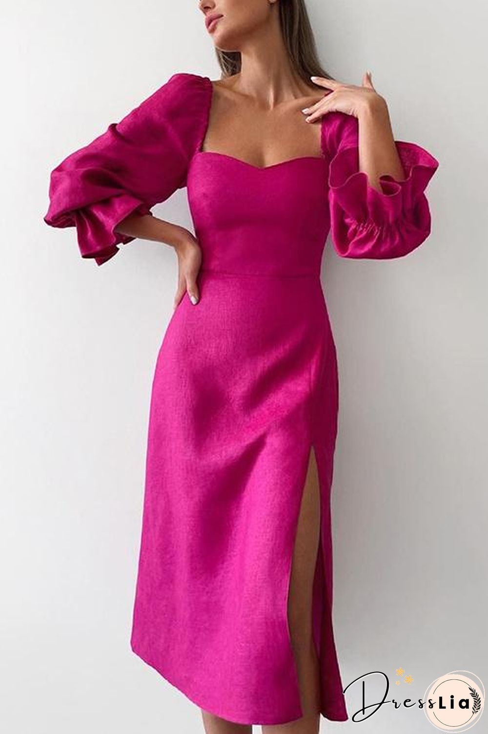 Rose Square Neck Slit Midi Dress