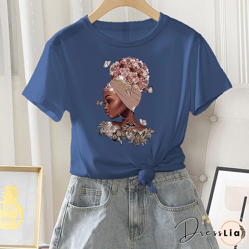 Summer Fashion Daily T-shirts Women Graphic Short Sleeve Butterfly Flower Lady Print Female Vintage 100% Cotton O-Neck Tees Tops