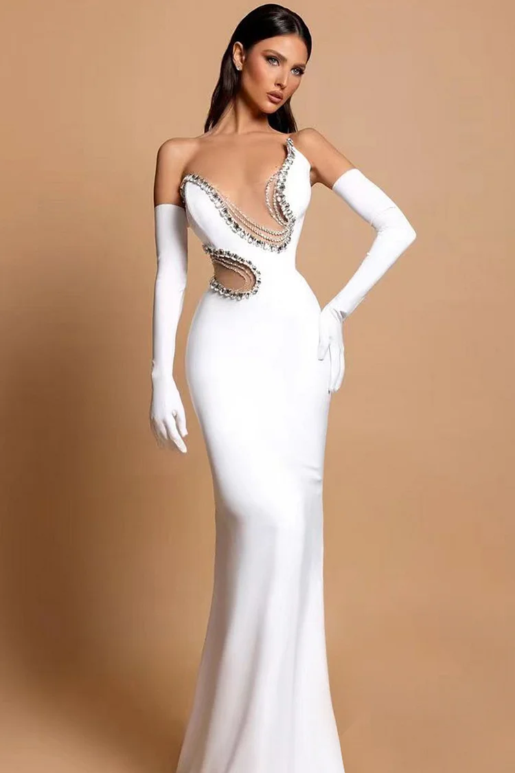 Rhinestone Embellished Mesh Cut Out Maxi Dress-White
