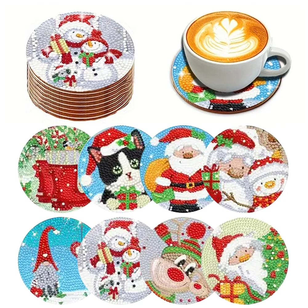 8Pcs Wooden Santa Claus Diamond Painting Coasters with Holder Gift for Mom