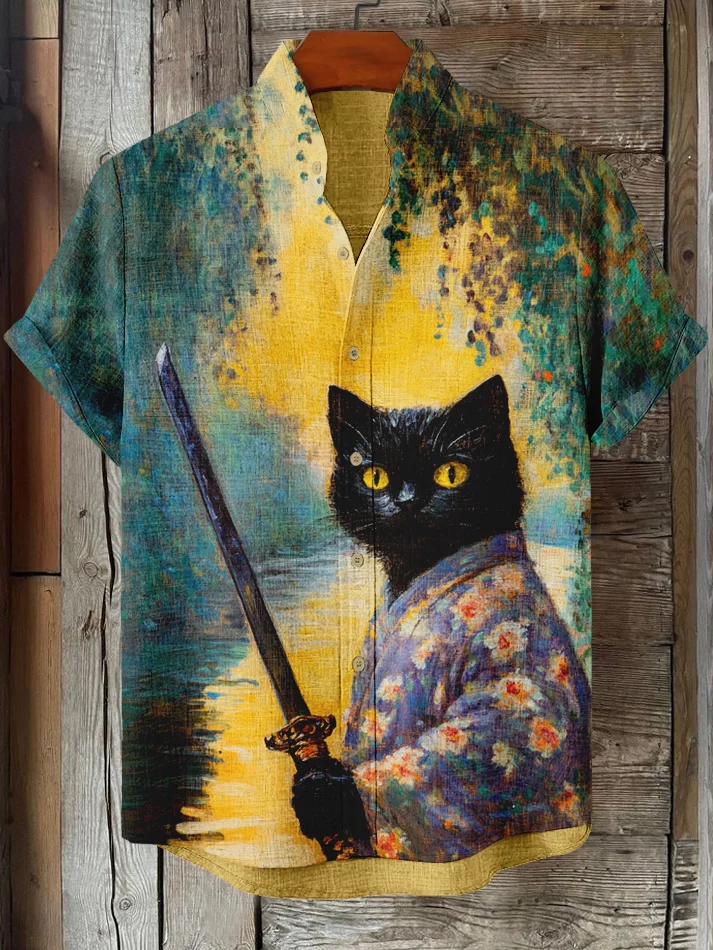 Men's Vintage Oil Painting Samurai Black Cat Art Print Shirt