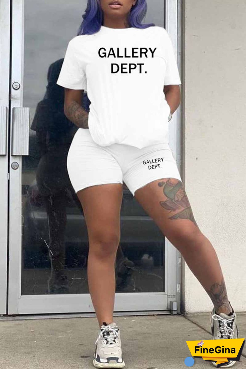 Purple Casual Print Letter O Neck Short Sleeve Two Pieces