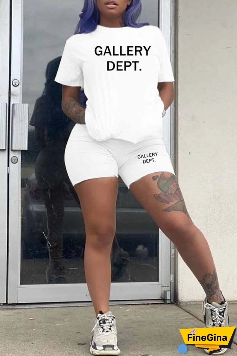 Purple Casual Print Letter O Neck Short Sleeve Two Pieces