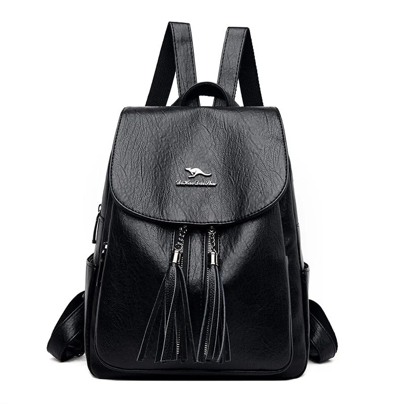 2022 Double Tassels Women Leather Backpacks High Quality Female Backpack Casual Daily Bag Ladies Bagpack Travel School Back Pack