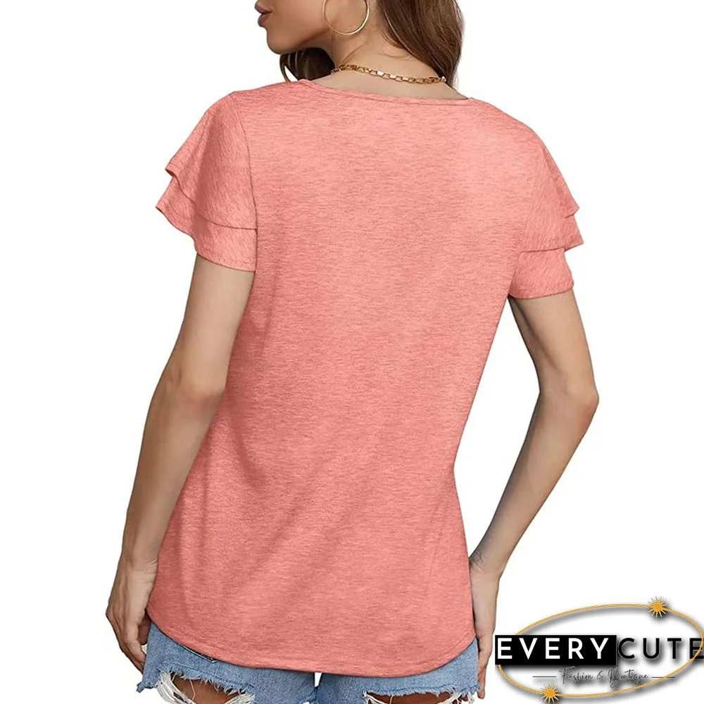 Pink Lace-up Layered Short Sleeve Pullover Top
