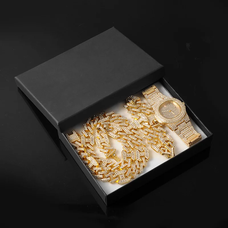 17MM Iced Out Watch+Necklace+Bracelet Coffee Bean Prong Cuban Chain Jewelry Set-VESSFUL