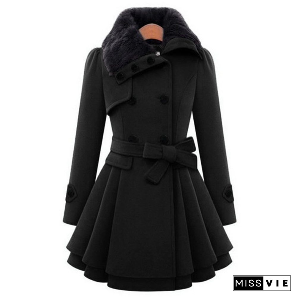 Winter Coat Womens Wool Blend Jacket Warm Lady Fur Collar Peacoat Woolen Jackets Plus Size