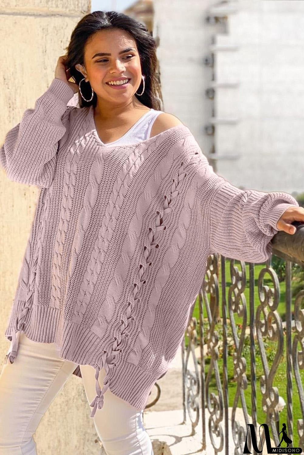 MidiSono - Love Letters Cable Knit Lace Up Sweater