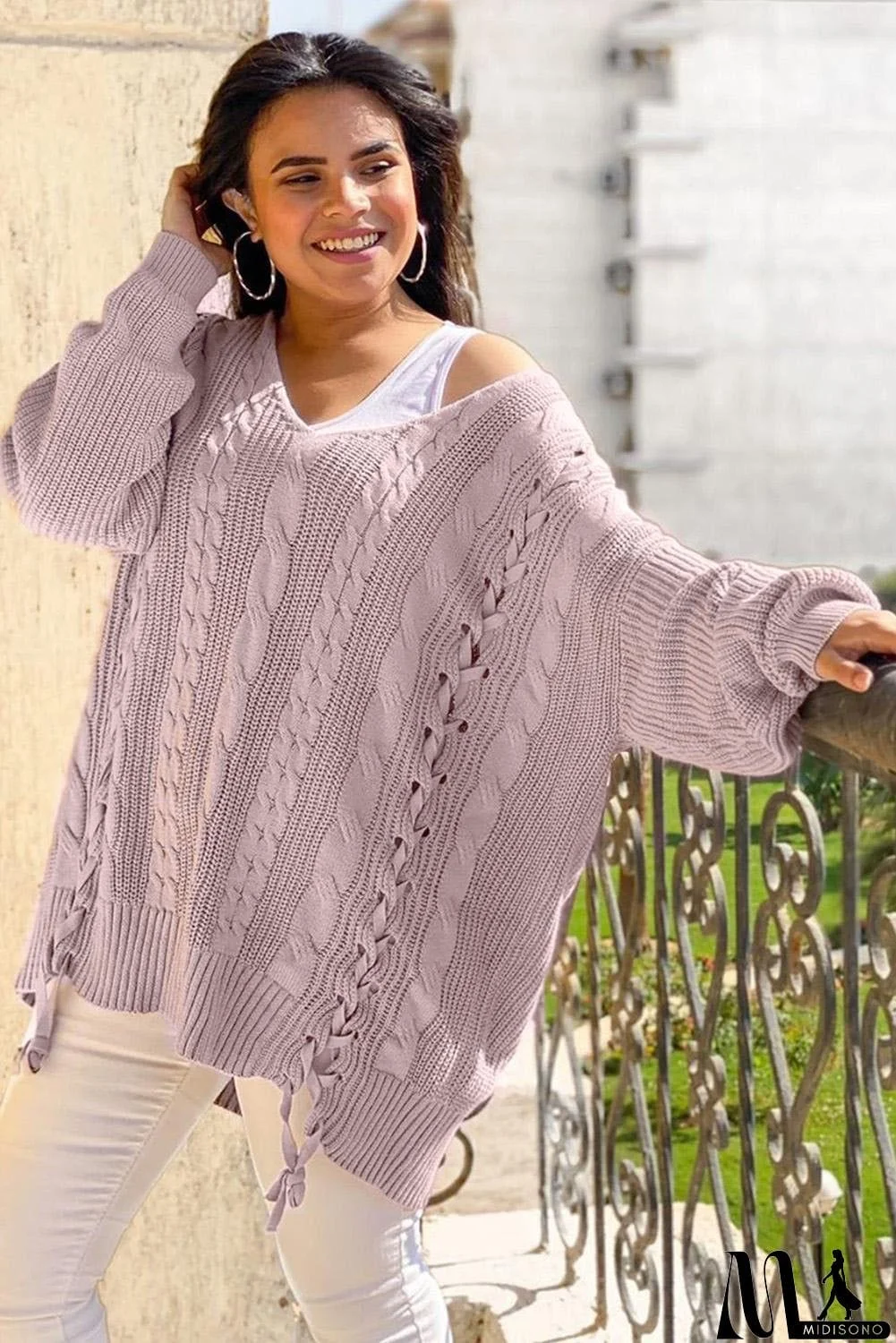 MidiSono - Love Letters Cable Knit Lace Up Sweater