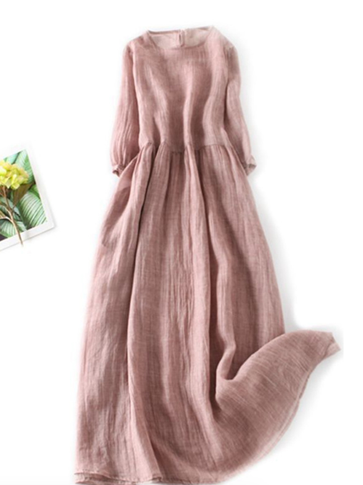 Comstylish Vintage Solid Cotton Linen Pleat Maxi Dress