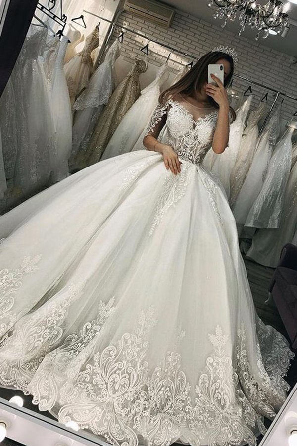 Luluslly Short Sleeves Sheer Tulle Ball Gown Wedding Dress With Appliques