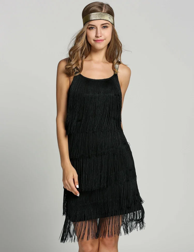 Belted Black 1920s Fringe Gatsby Dress