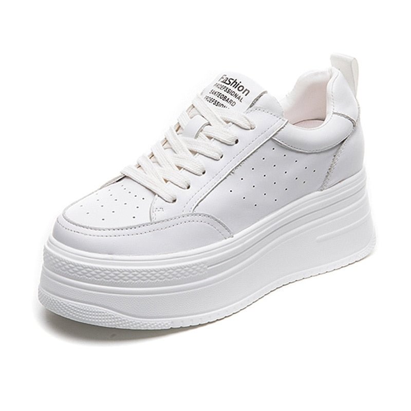 Fujin 7cm Genuine Leather Platform Wedge Shoes Chunky Sneakers White Comfortable Leather Super Thick Sole Spring Autumn Shoes