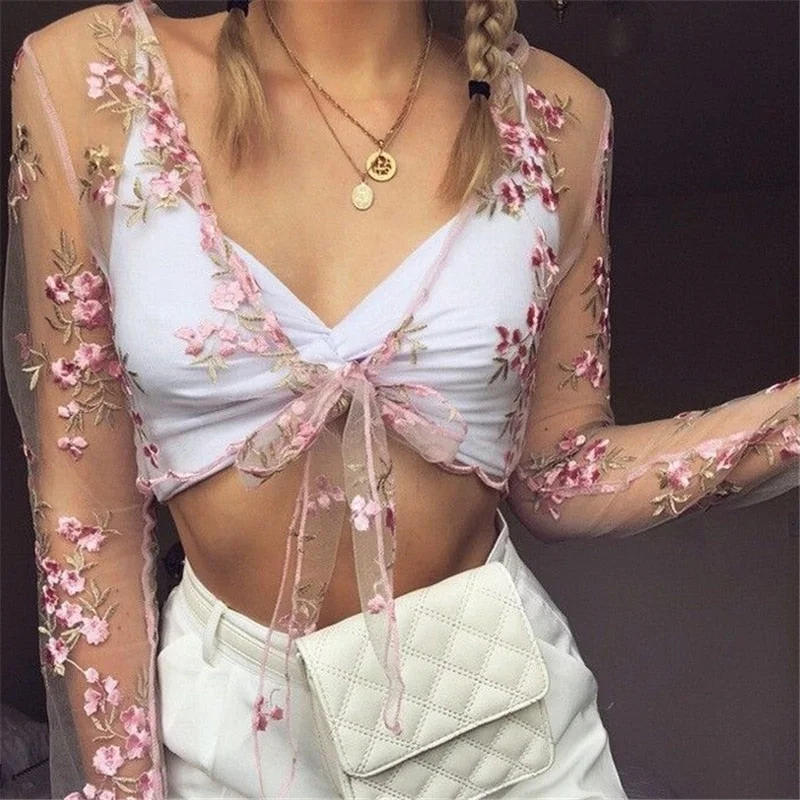 Women Blouse Summer See-through Sheer Mesh Fishnet Long Sleeve Shirt Ladies Tops Blouse Tee Tops Blouses Woman 2019 Floral Shirt