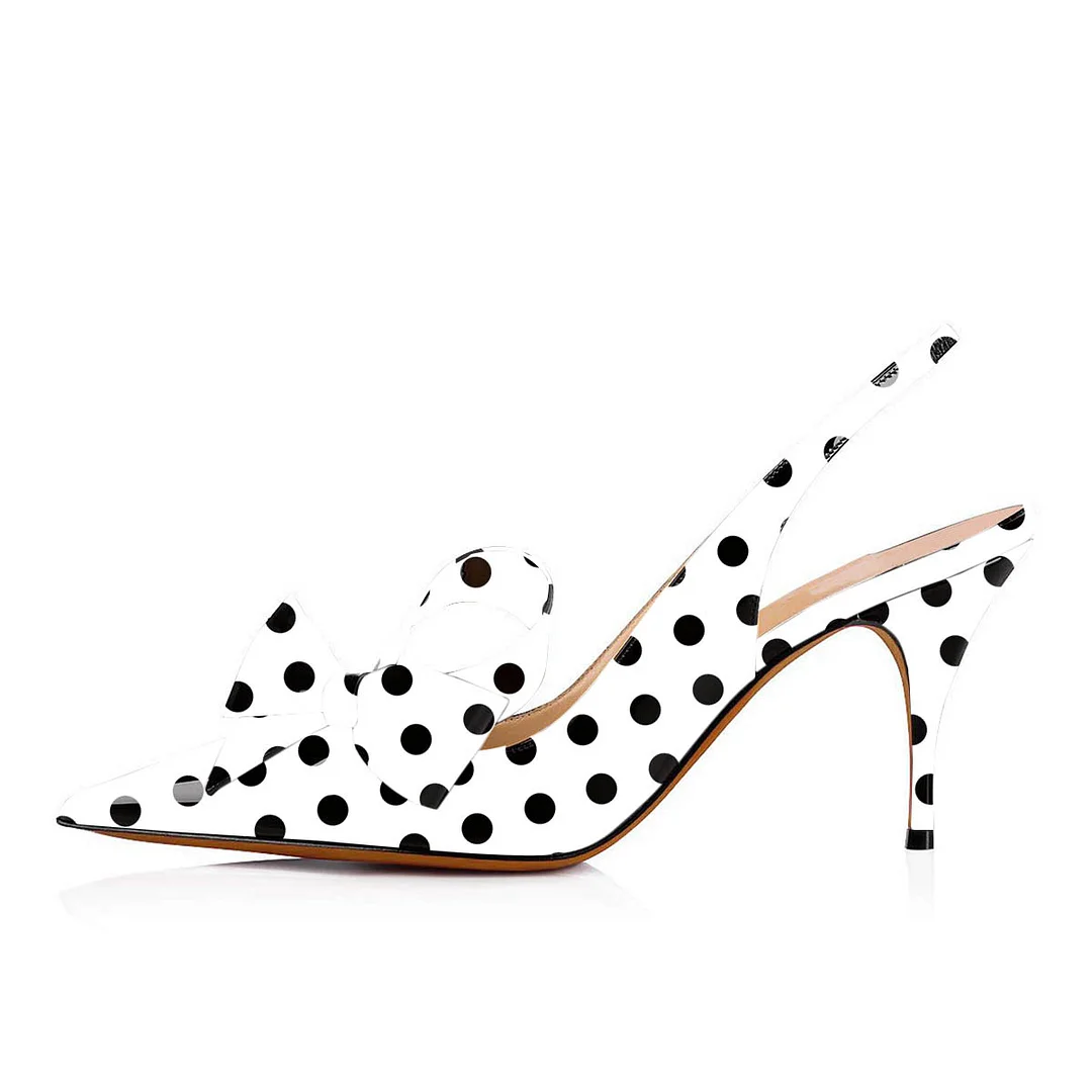 White Patent Leather Pointed Toe Polka Dot Slingback Bow Heels