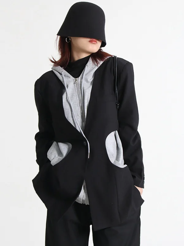 Women's fake two pieces of bodysuit patchwork suit hooded jacket Flusfy