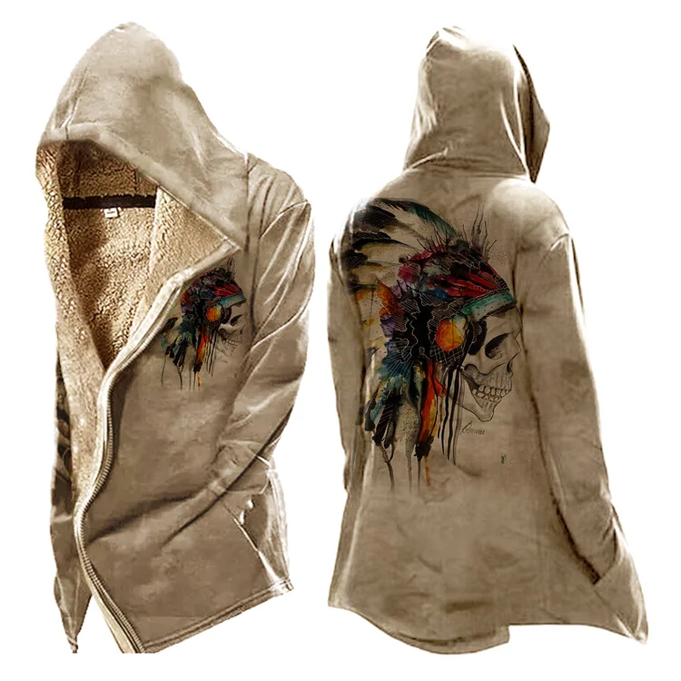 Mens Vintage Skull Print Tactical Hooded Fleece Jacket