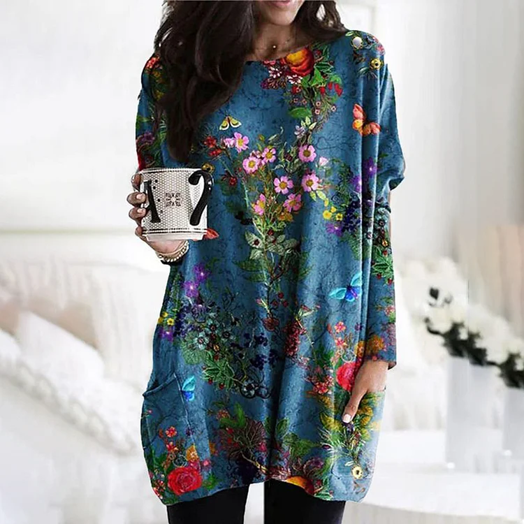 VChics Vintage Flower Print Long Sleeved Casual Tunic