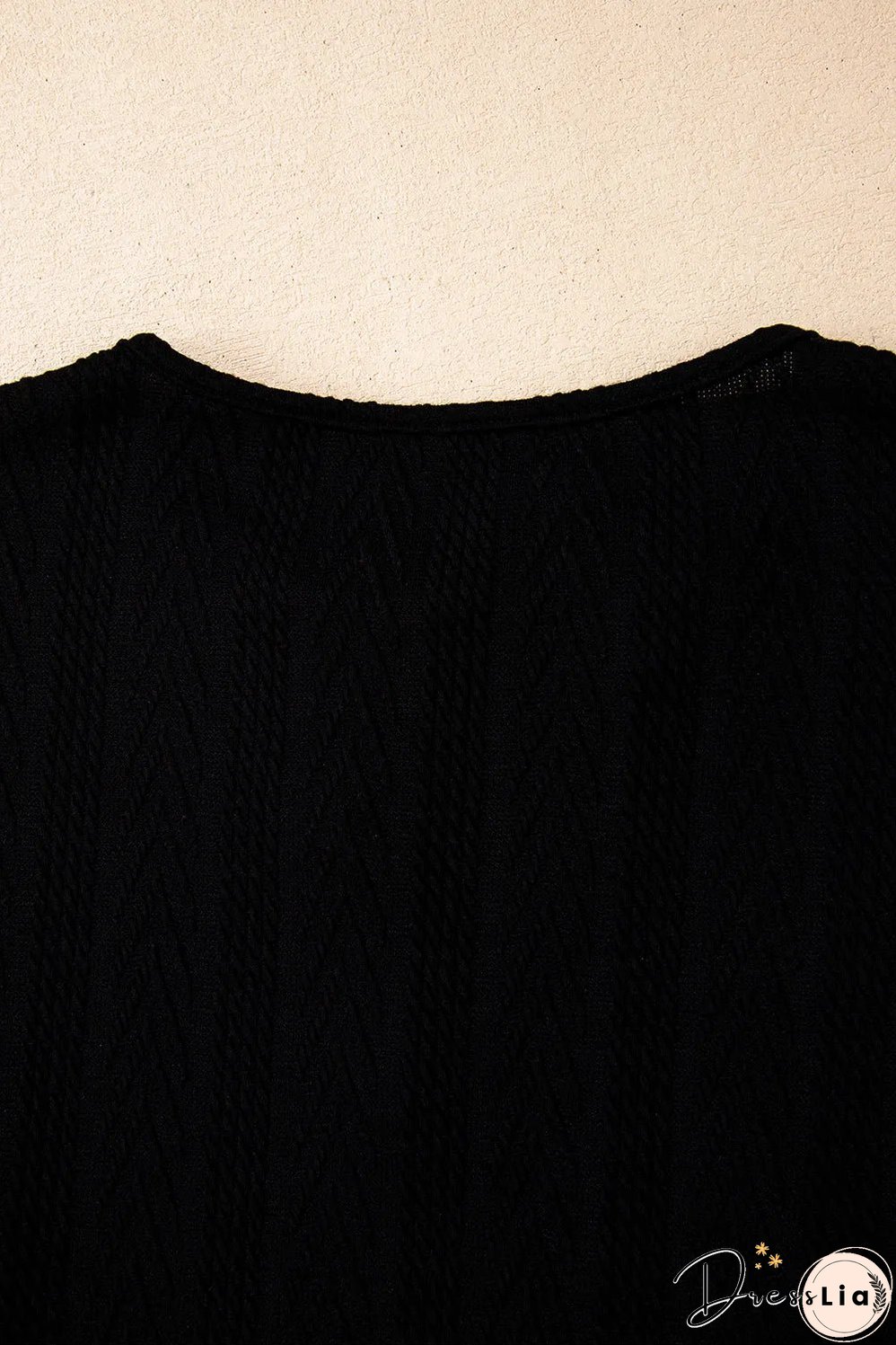 Black Floral Patchwork Textured Knit Drawstring V Neck Blouse