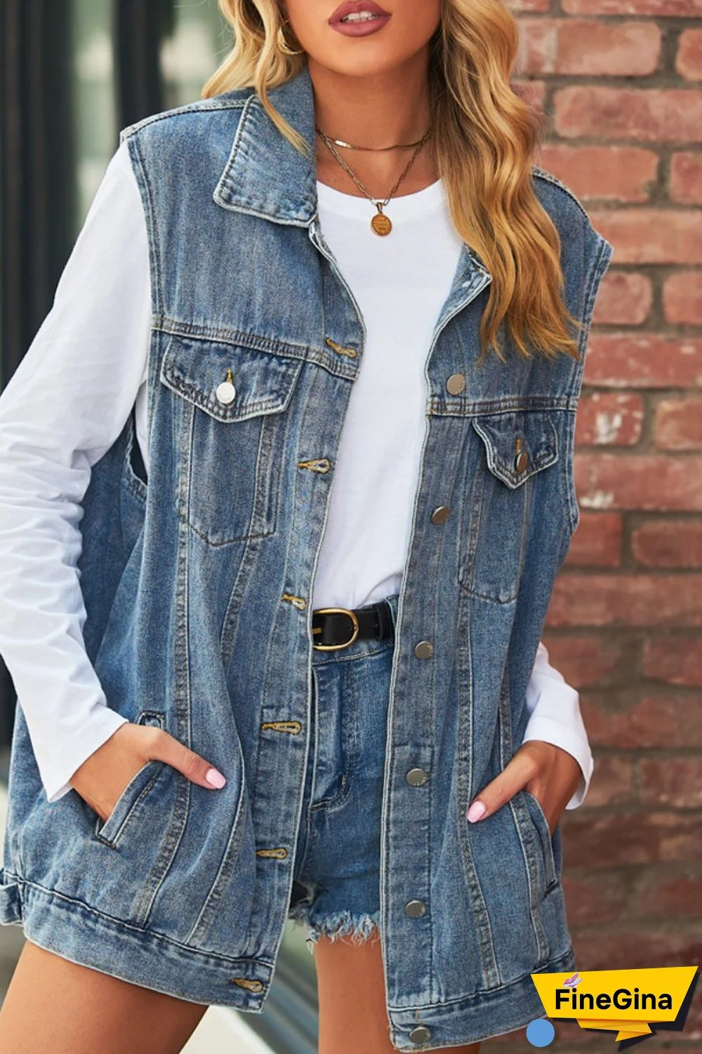 Blue Casual Solid Patchwork Turndown Collar Short Sleeve Regular Denim Jacket