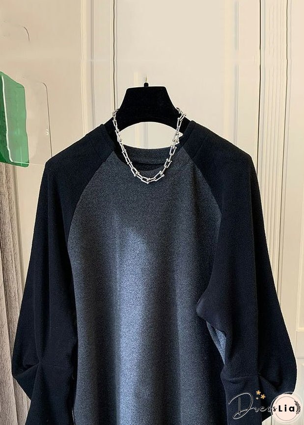 Simple Black O Neck Patchwork Cotton T Shirt Long Sleeve