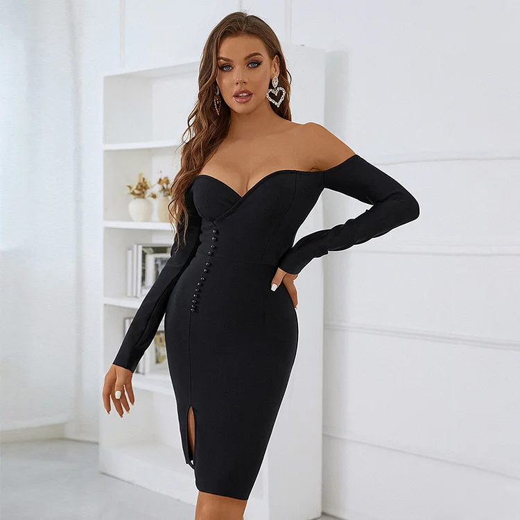 Meilun Off Shoulder Long Sleeve Mini Bandage Dress SF512