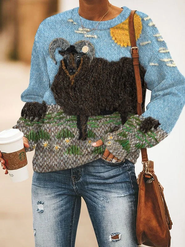 Women's Farm Black Goat Print Sweatshirt
