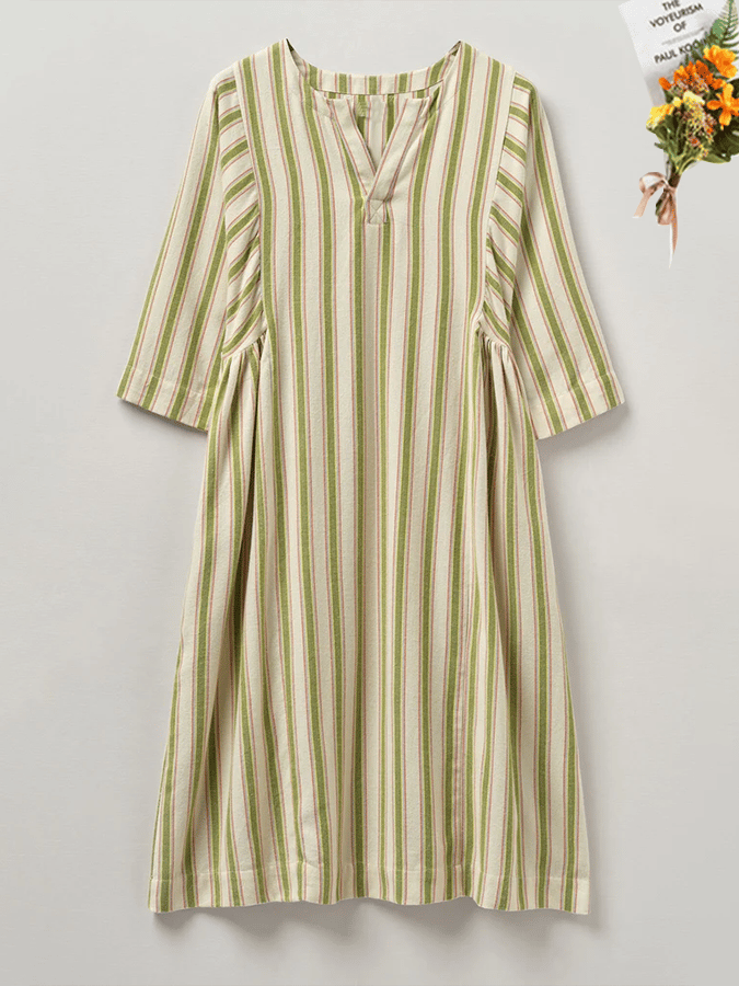 Ladies Casual Loose Retro Stripe Design Pocket Dress