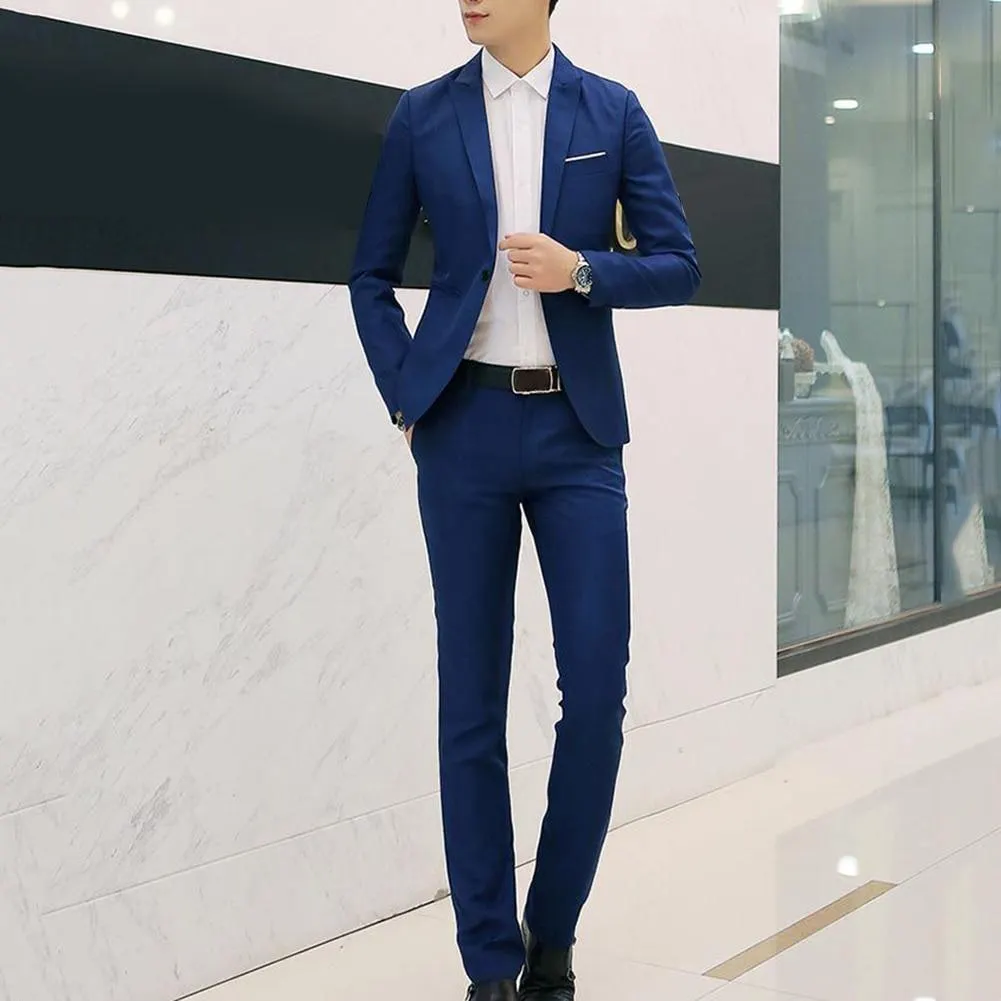 2Pcs Fashion Men Solid Color Lapel Button Long Sleeve Slim Blazer Suit Pants costume homme suit men terno gift for men