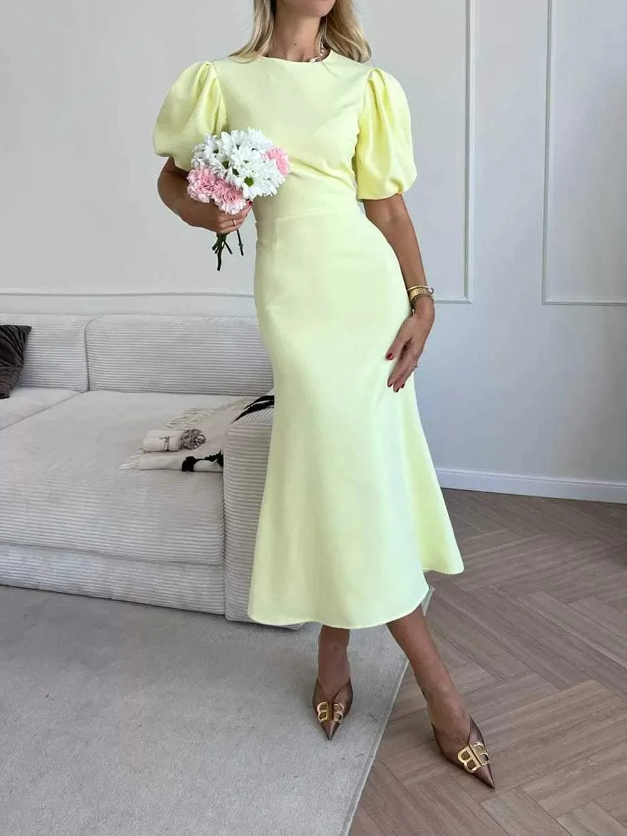 Simple High Waist Puff Sleeve Midi Dress