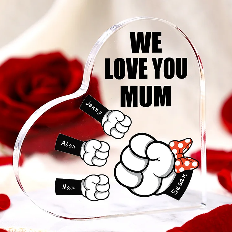 4 Names-Personalized Family Fist Bump Acrylic Ornament-Custom Text Acrylic Family Heart Keepsake Desktop Ornament For Family
