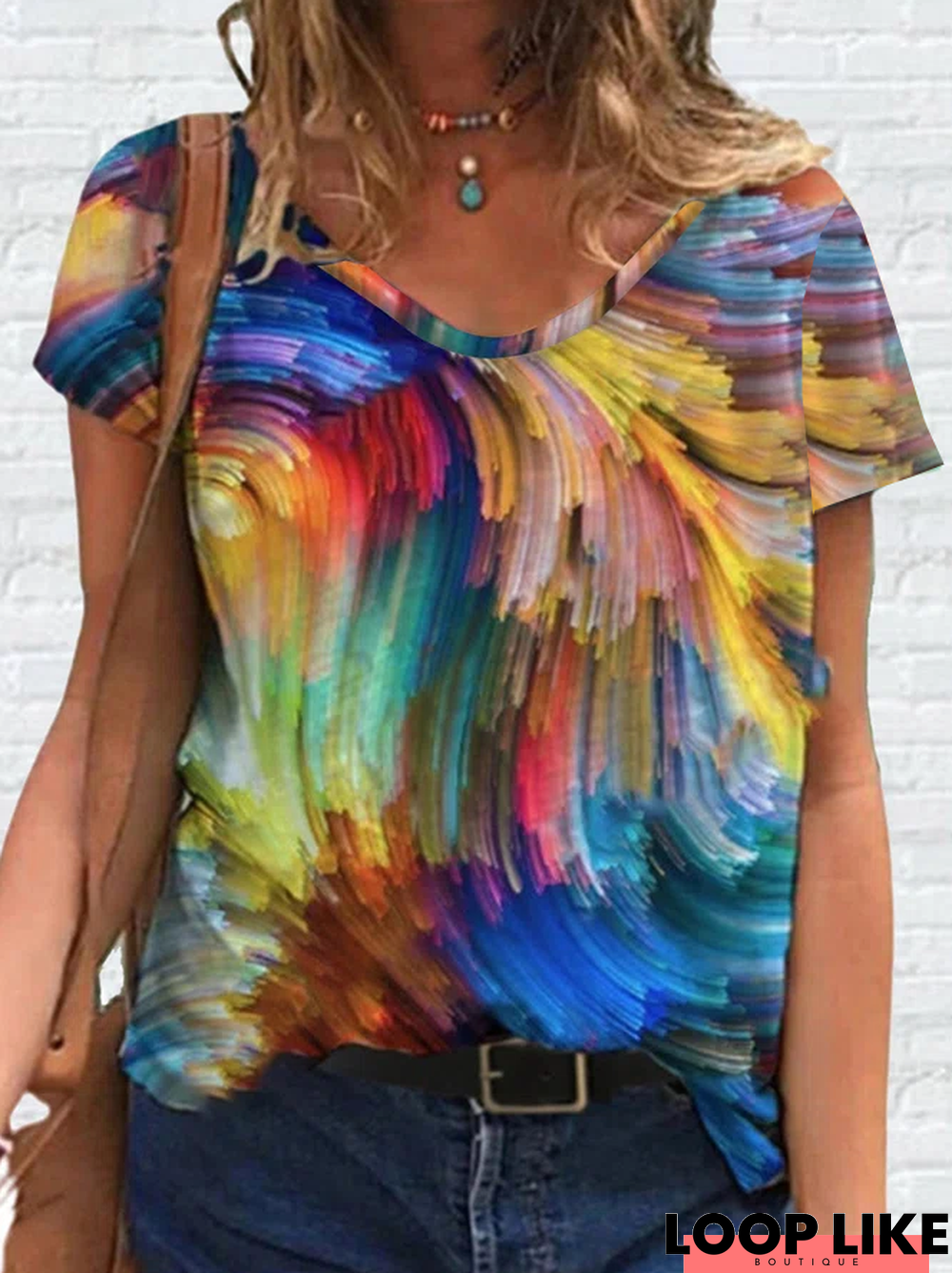 Abstract Casual V Neck Short Sleeve T-Shirt