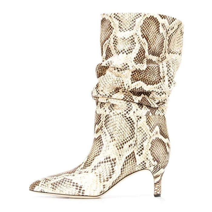 Mstacchi Women's Boots Snakeskin Print Pleated Mid Heel Party Shoes Pointed Toe Slip On Sexy Stiletto Women Motorcycle Boots