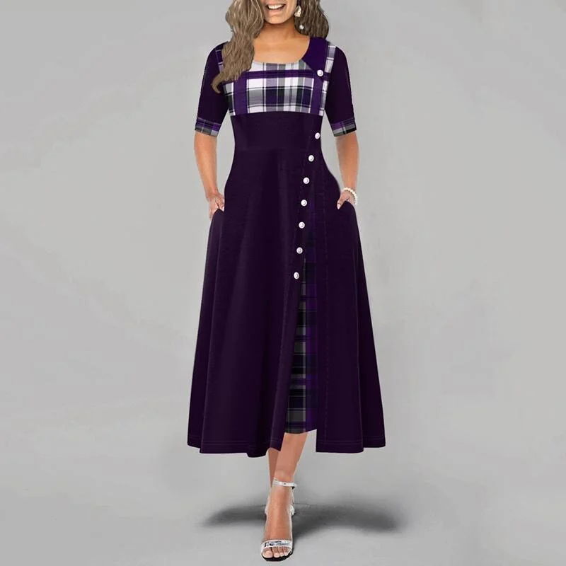 Elegant Long Maxi Dress Women Vintage Plaid Office Lady Dress Summer Half Sleeve O-Neck Button Party Dress Female Robe Plus Size