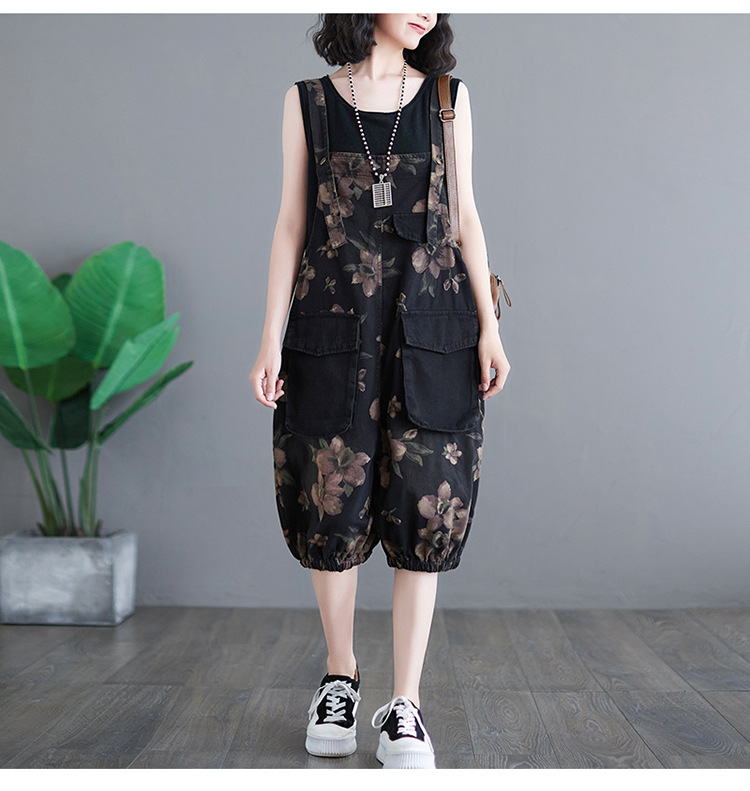 Literary Loose Printed Denim Suspender Jumpsuit