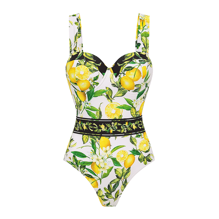 Sling Underwired Lemon Printed One Piece Swimsuit and Skirt