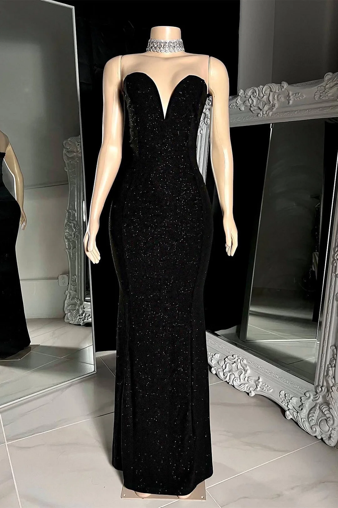 Prom Dress Sequins Sleevesless Long Mermaid V Neck Black Strapless YL0133