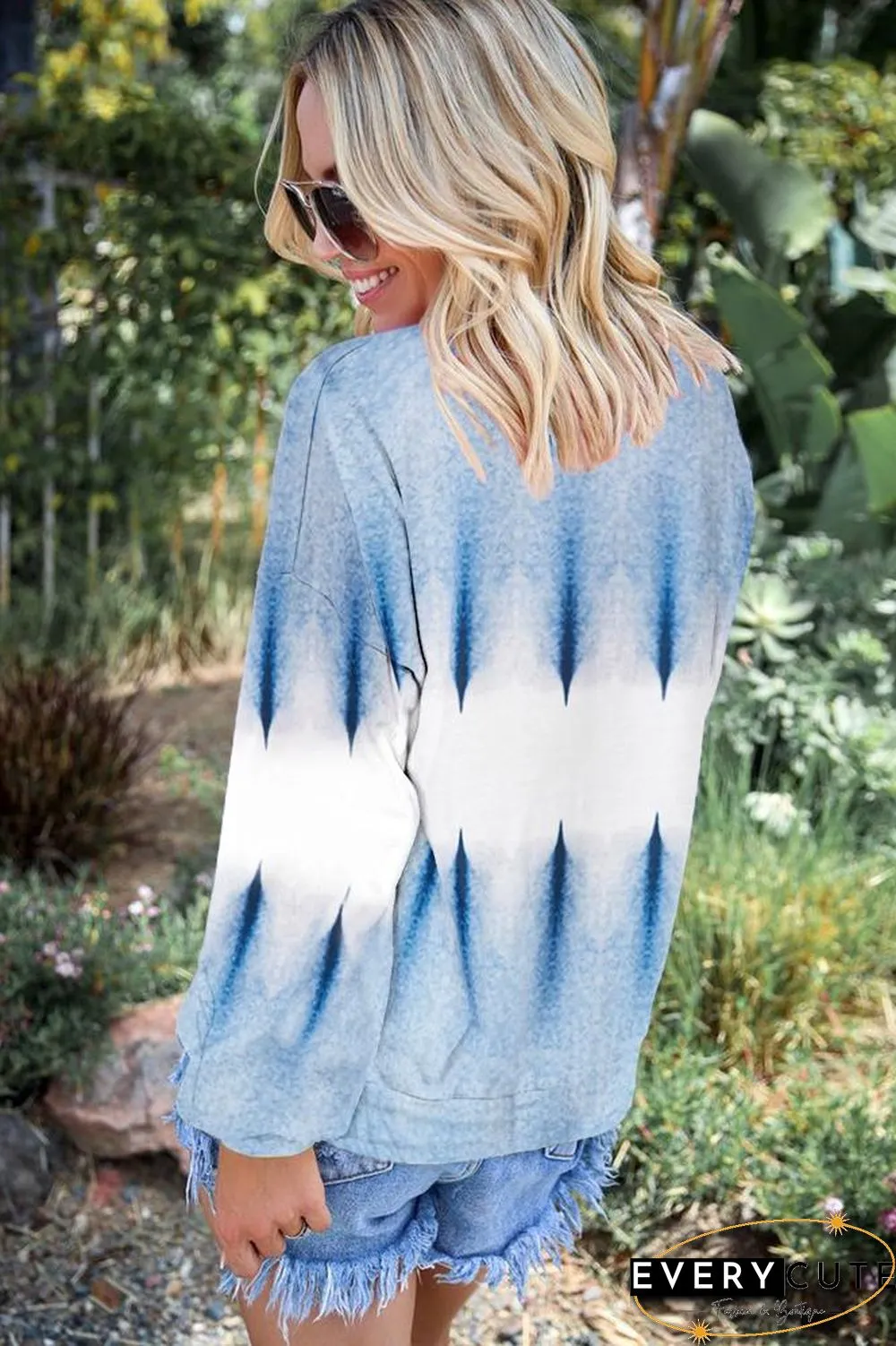 Sky Blue Color Block Tie Dye Pullover Sweatshirt