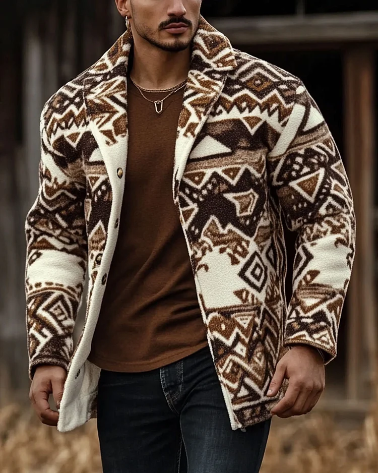 Men’s Vintage Western Lapel Jacquard Long Sleeve Jacket