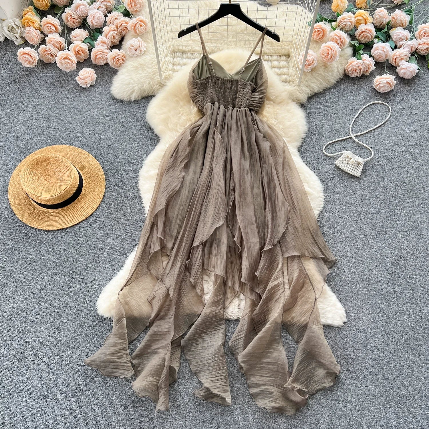 Aiertu Summer Beach Vacation Style Dress Women Elastic Waist Spaghetti Strap Ribbon Irregular Fashion Sexy Slim Long Dress Aiertu