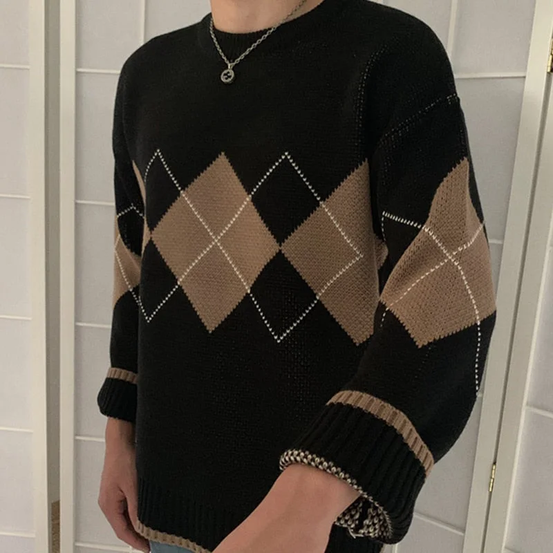 Women Argyle Sweaters Autumn Winter Pullovers Long Sleeve O-Neck Loose Knitted Korean Tops Casual Vintage Jumper Sueter Mujer