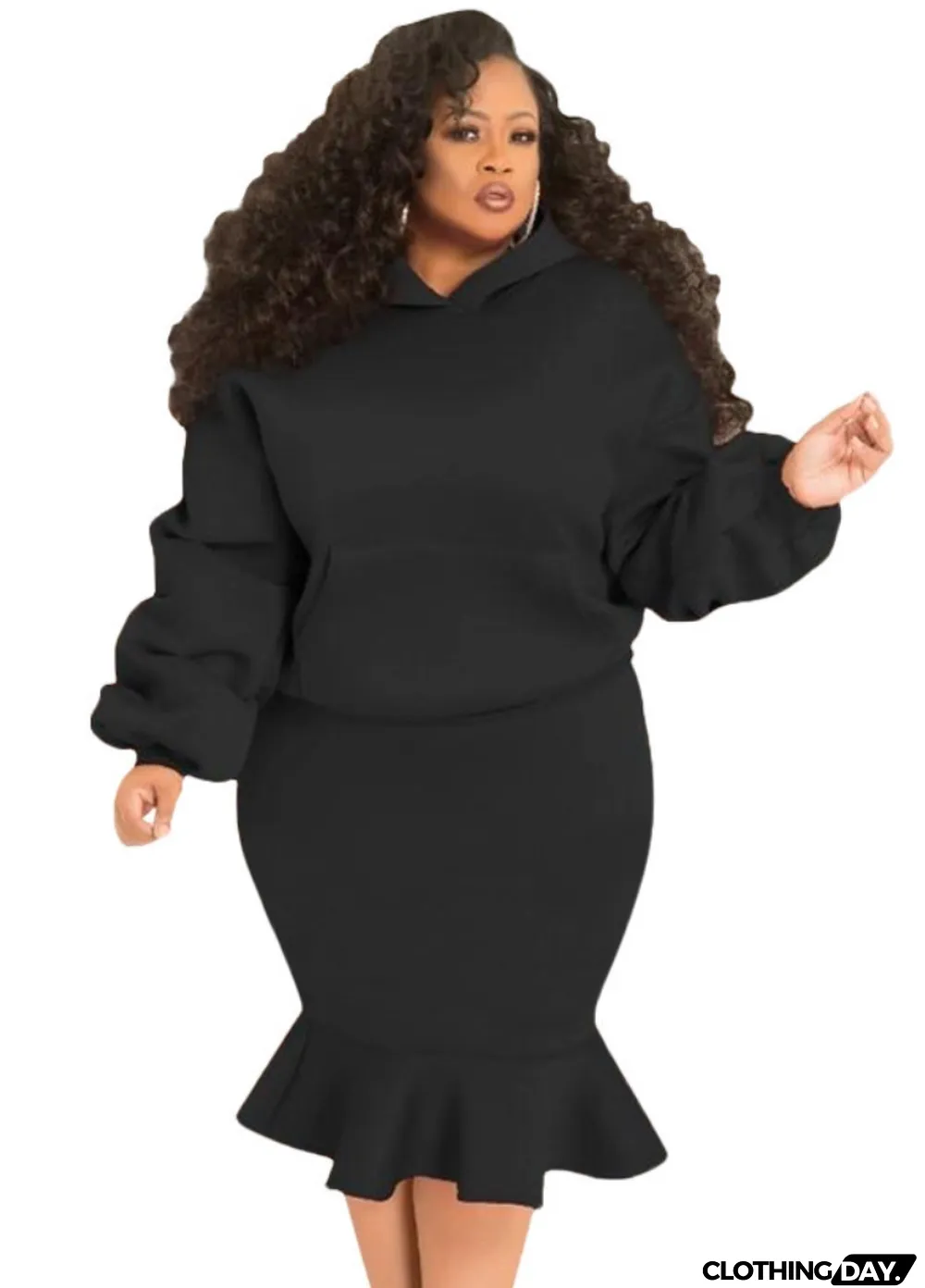 Winter Plus Size Black Puffed Long Sleeve Hoodies And Fishtail Skirt Wholesale Two Piece Clothing